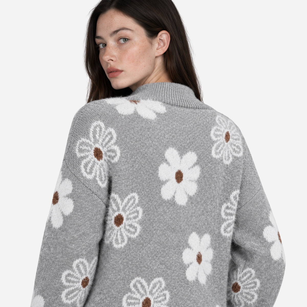Women’s Floral Half-Zip Ribbed Collar Jumper-Fowsa
