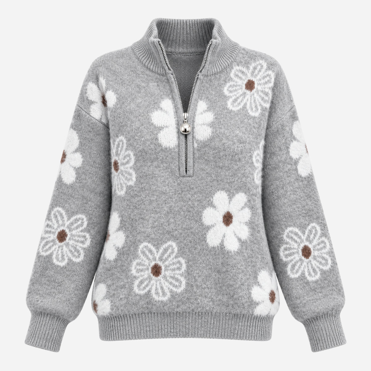 Women’s Floral Half-Zip Ribbed Collar Jumper-Fowsa