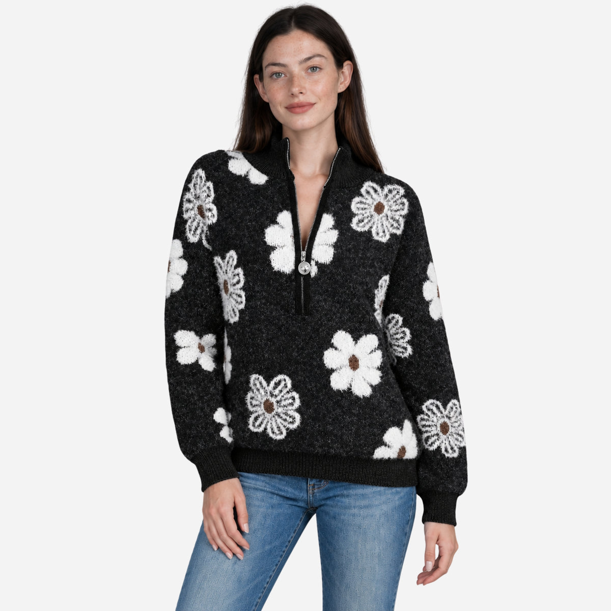 Women’s Floral Half-Zip Ribbed Collar Jumper-Fowsa