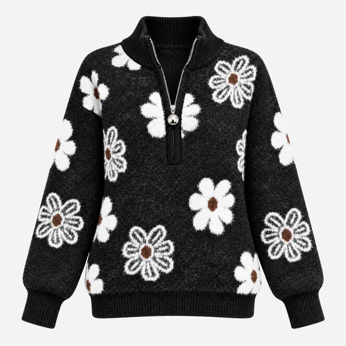 Women’s Floral Half-Zip Ribbed Collar Jumper-Fowsa
