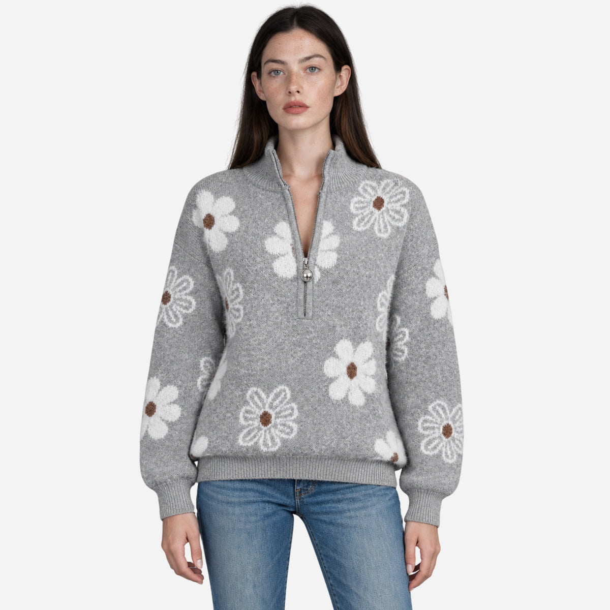 Women’s Floral Half-Zip Ribbed Collar Jumper-Fowsa