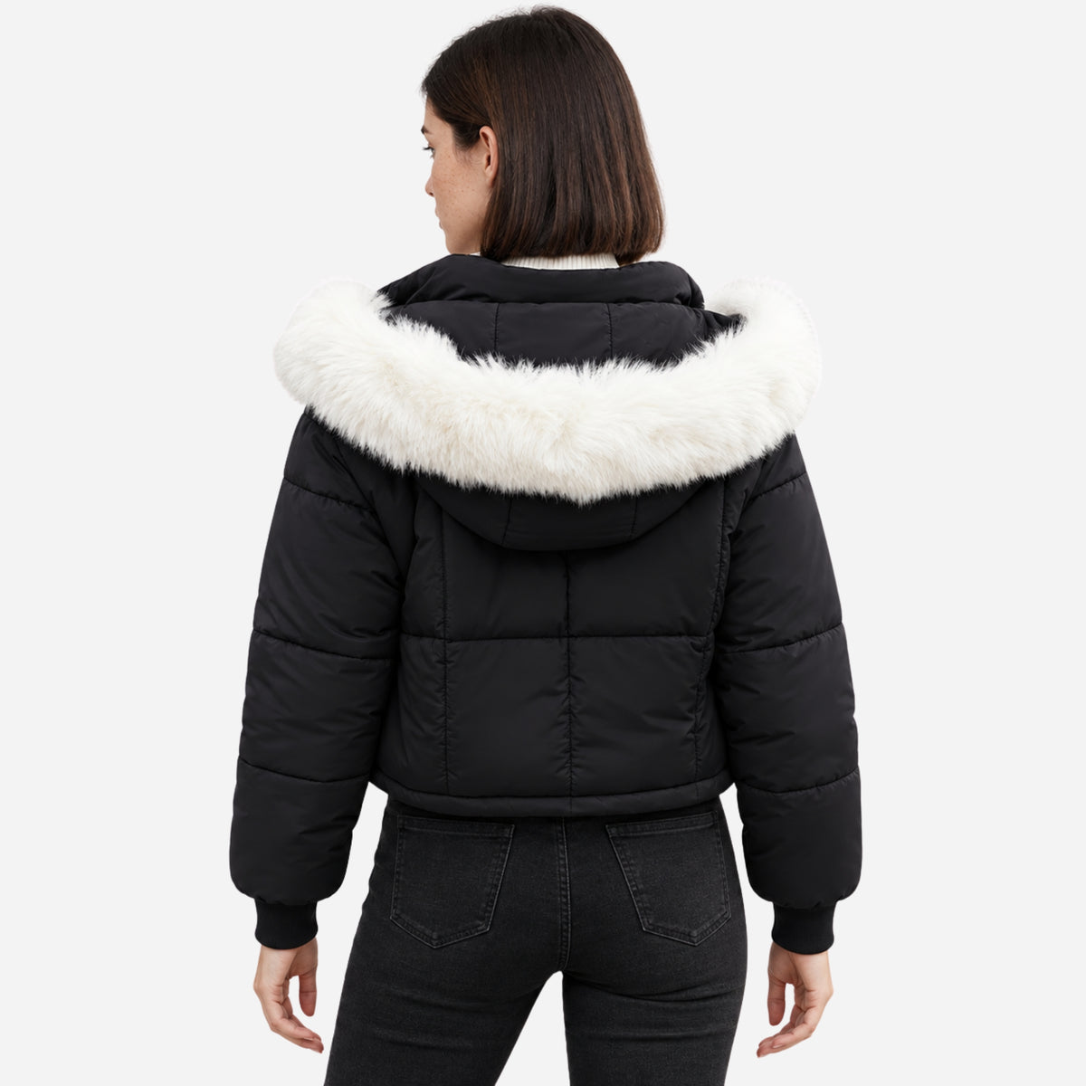 Women’s Fur-Trim Hooded Cropped Puffer Jacket-Fowsa