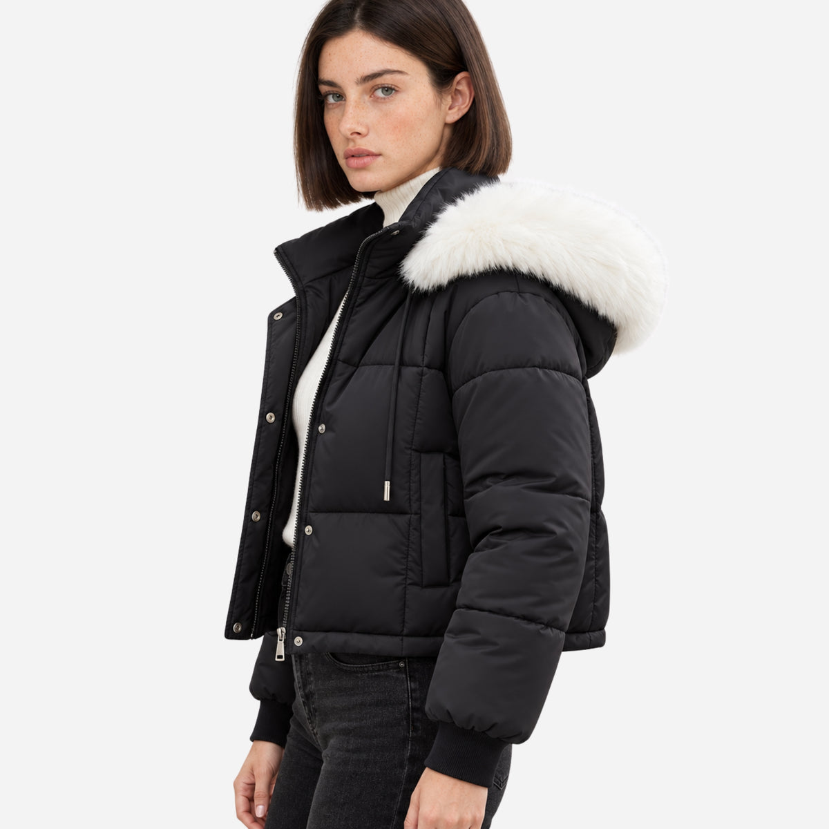 Women’s Fur-Trim Hooded Cropped Puffer Jacket-Fowsa
