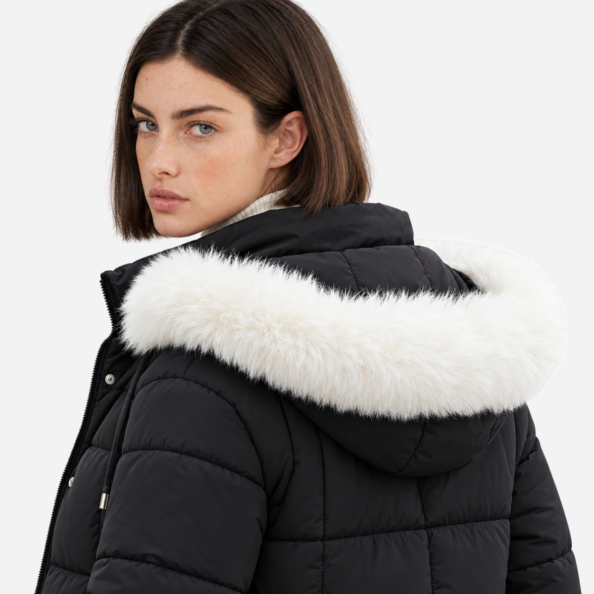 Women’s Fur-Trim Hooded Cropped Puffer Jacket-Fowsa