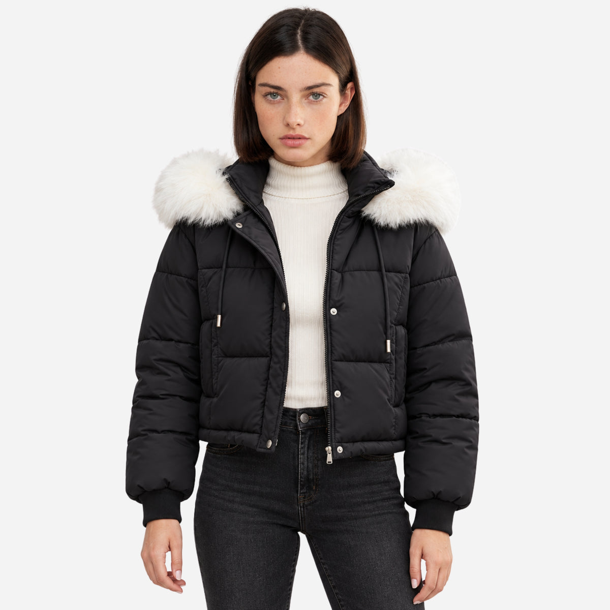 Women’s Fur-Trim Hooded Cropped Puffer Jacket-Fowsa