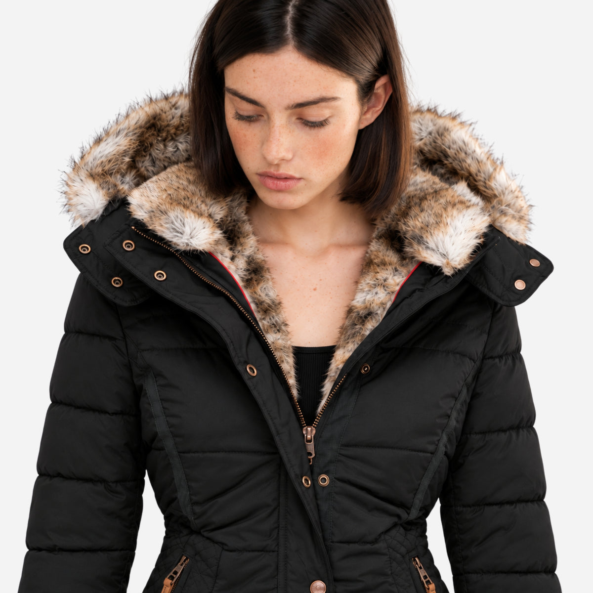 Women’s Fur-Trim Hooded Parka Puffer Jacket-Fowsa