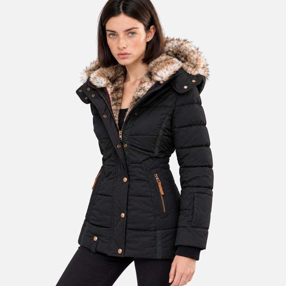 Women’s Fur-Trim Hooded Parka Puffer Jacket-Fowsa