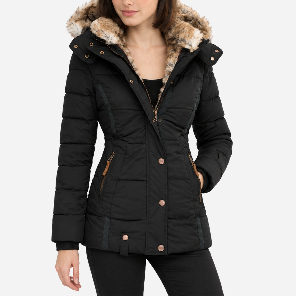 Women’s Fur-Trim Hooded Parka Puffer Jacket-Fowsa