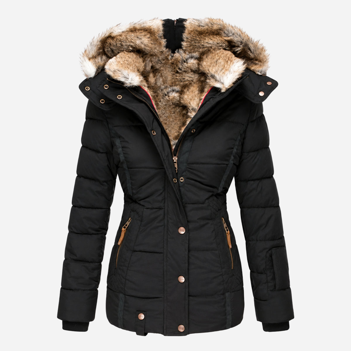 Women’s Fur-Trim Hooded Parka Puffer Jacket-Fowsa