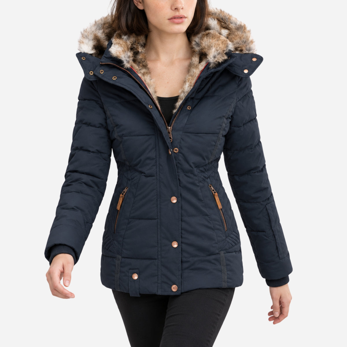 Women’s Fur-Trim Hooded Parka Puffer Jacket-Fowsa