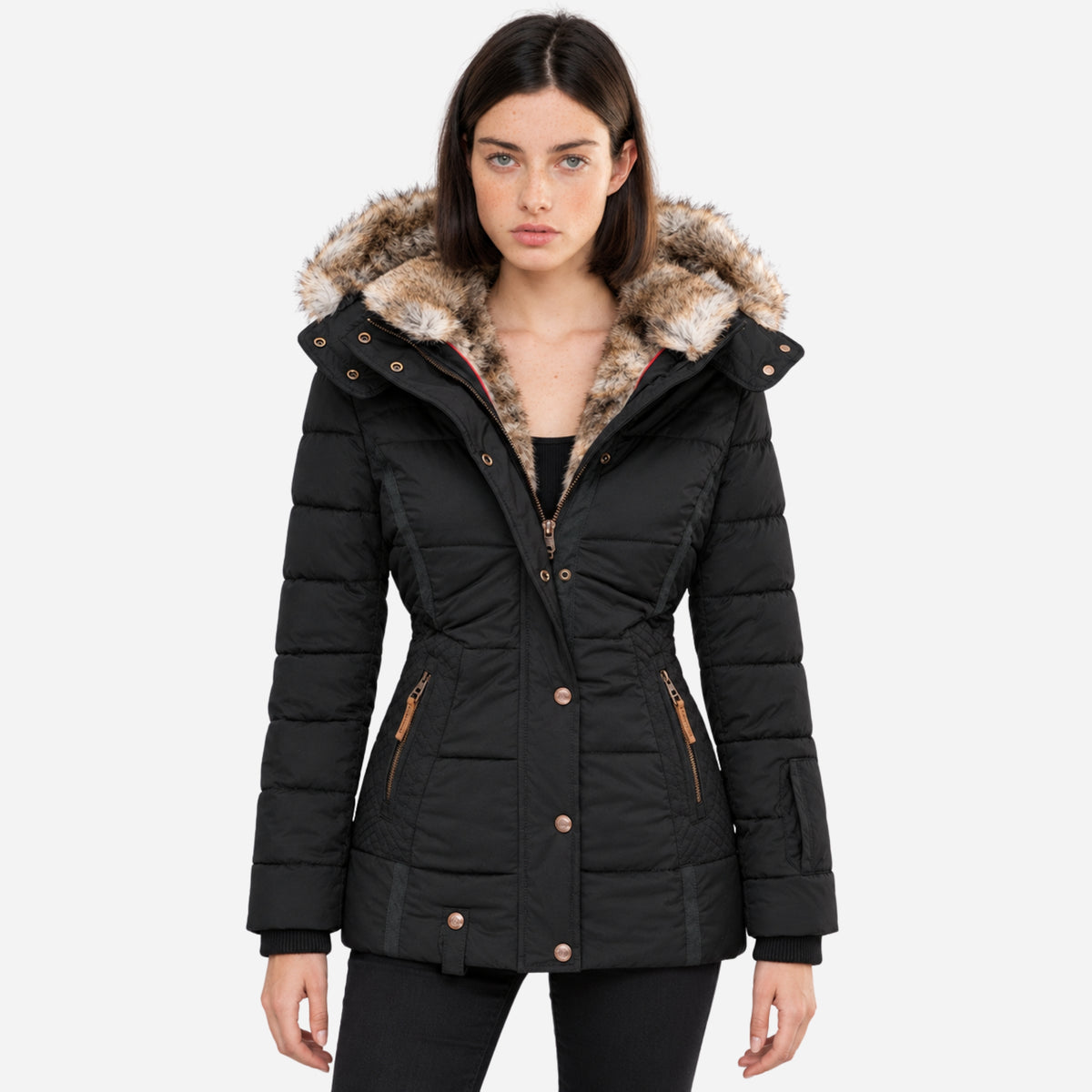 Women’s Fur-Trim Hooded Parka Puffer Jacket-Fowsa