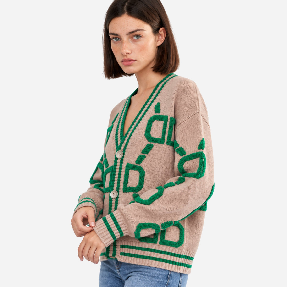 Women's Geometric V-Neck Cardigan Jumper-Fowsa