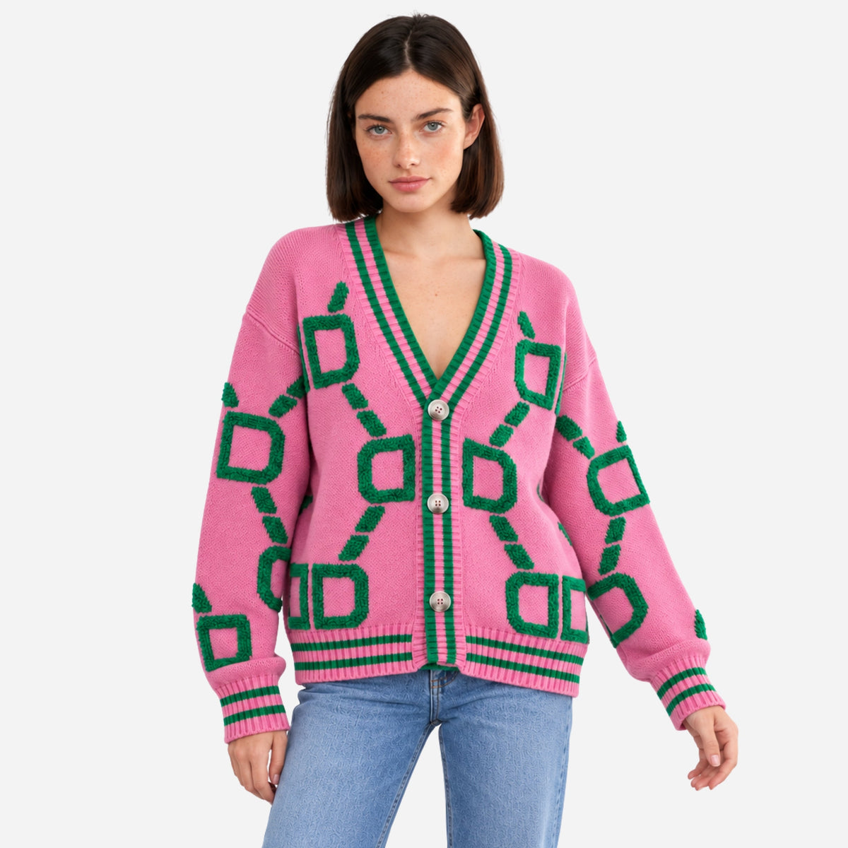 Women's Geometric V-Neck Cardigan Jumper-Fowsa