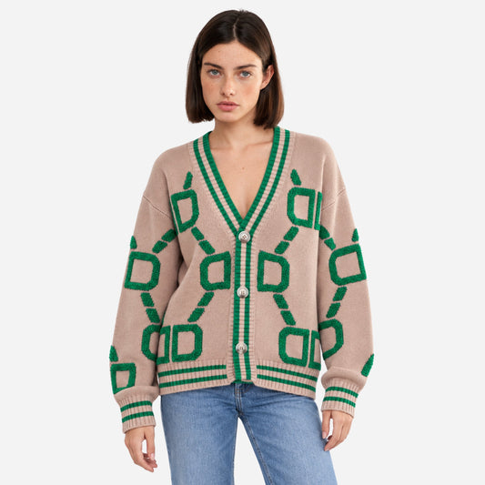 Women's Geometric V-Neck Cardigan Jumper-Fowsa