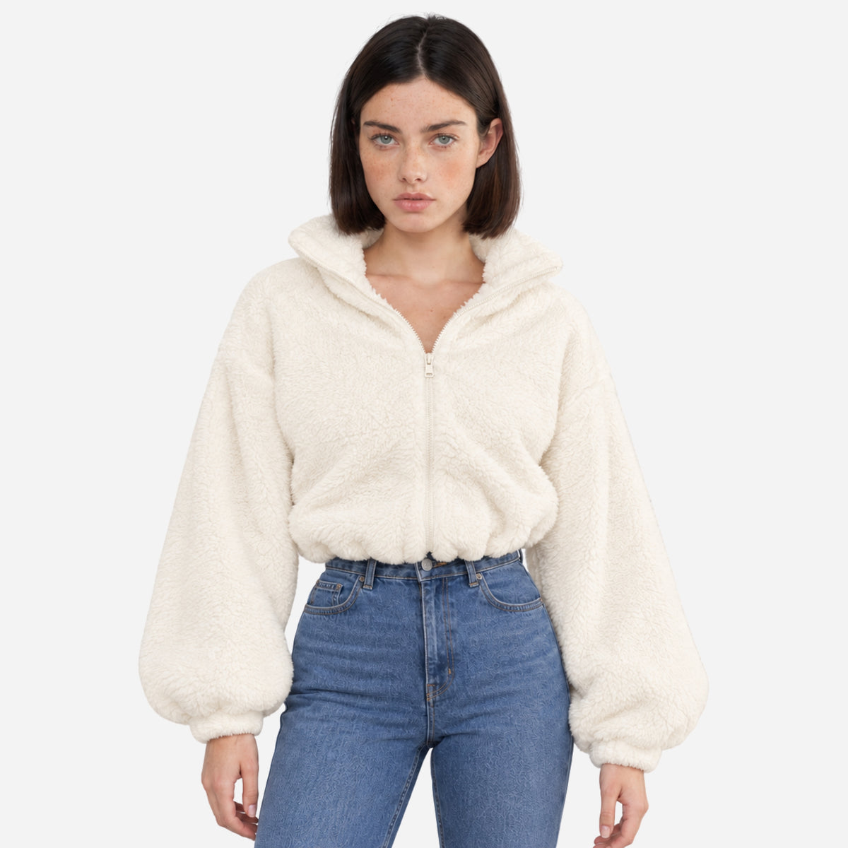 Women’s High-Neck Drawcord-Hem Plush Jacket-Fowsa