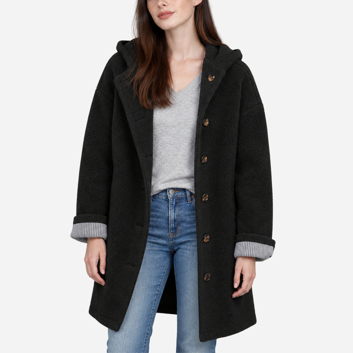 Women’s Hooded Button-Front Longline Coat-Fowsa