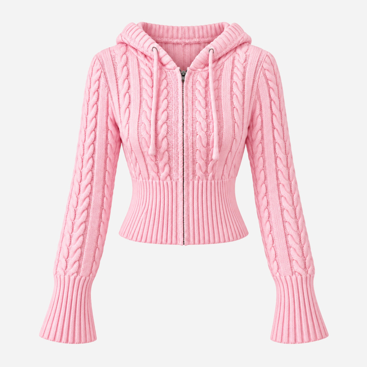 Women’s Hooded Cable Knit Zip-Up Jumper-Fowsa