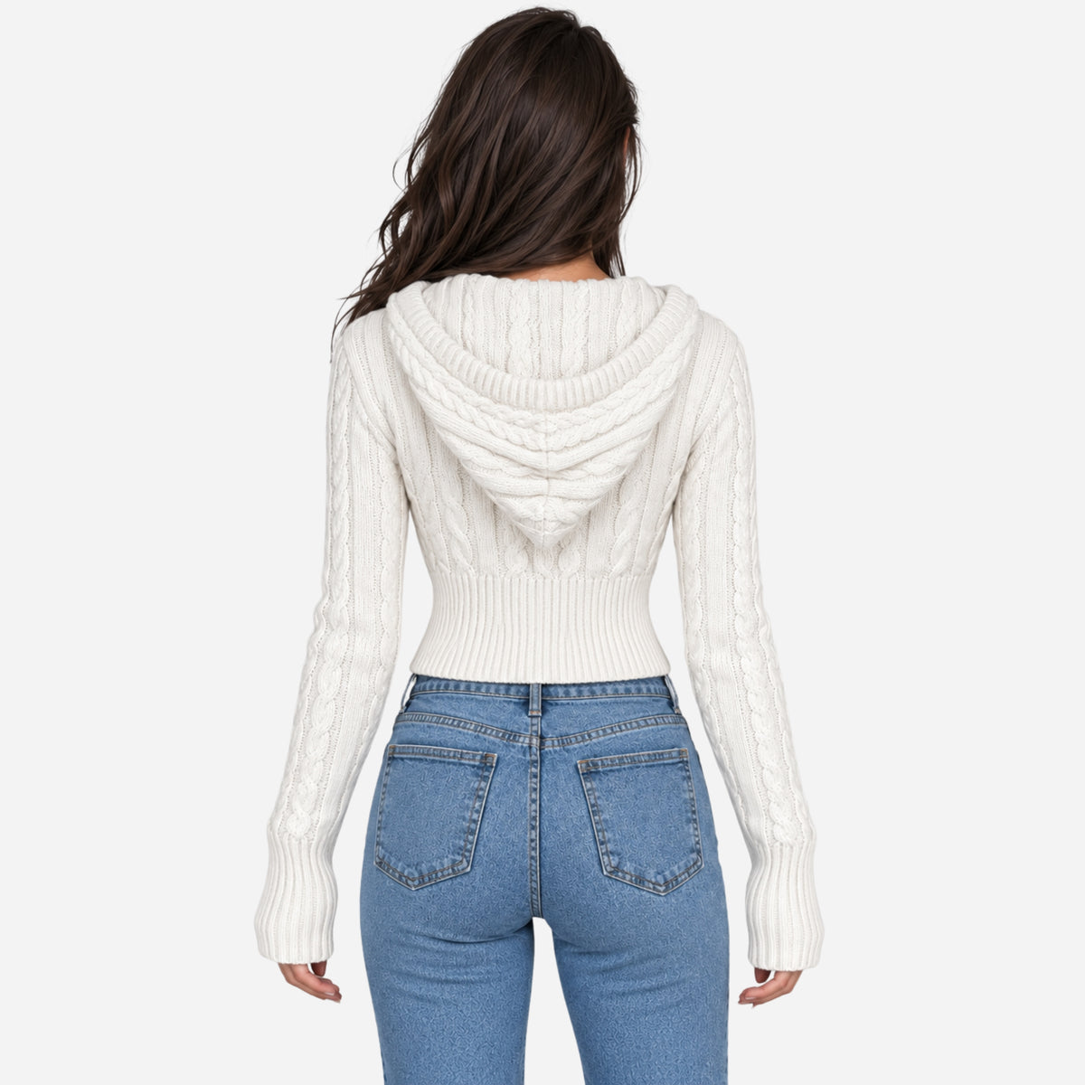 Women’s Hooded Cable Knit Zip-Up Jumper-Fowsa