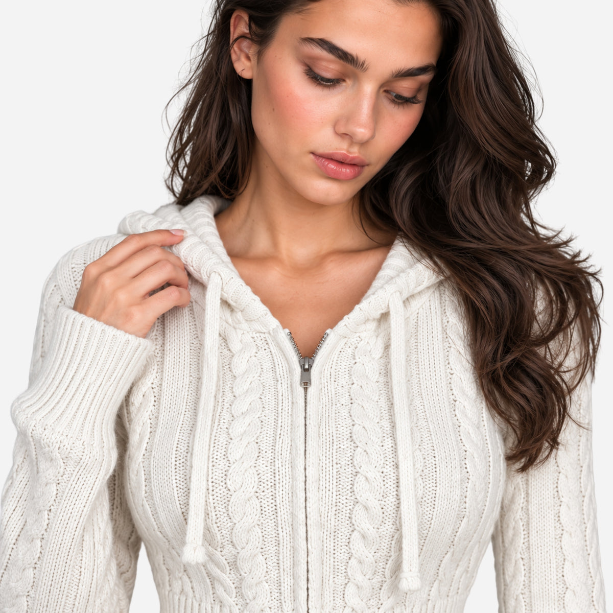 Women’s Hooded Cable Knit Zip-Up Jumper-Fowsa