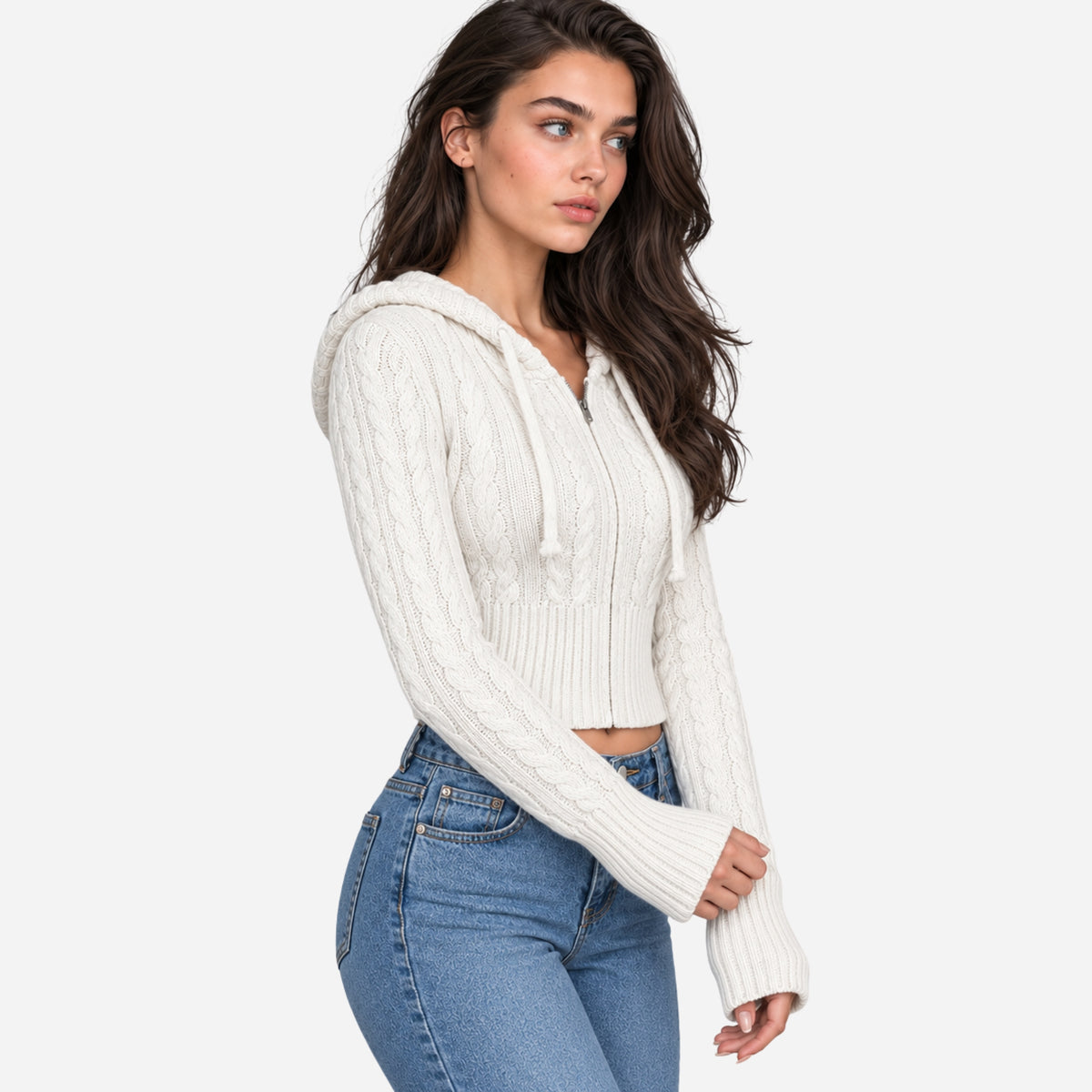 Women’s Hooded Cable Knit Zip-Up Jumper-Fowsa