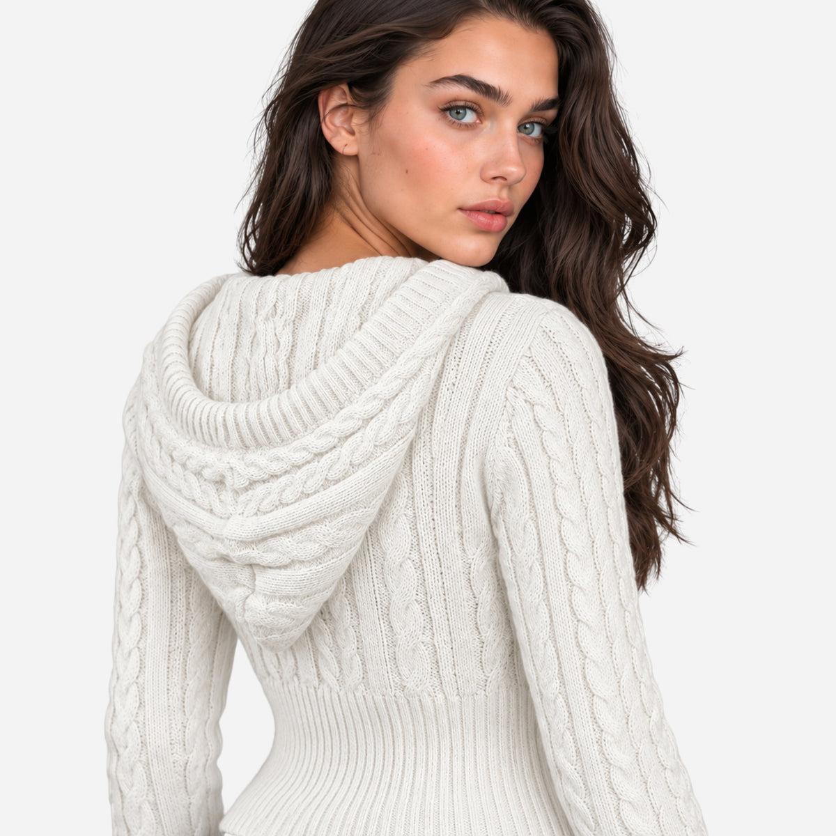 Women’s Hooded Cable Knit Zip-Up Jumper-Fowsa