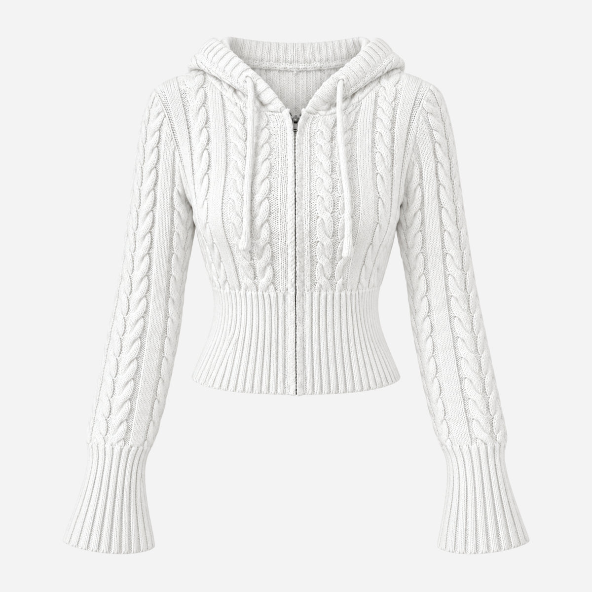 Women’s Hooded Cable Knit Zip-Up Jumper-Fowsa