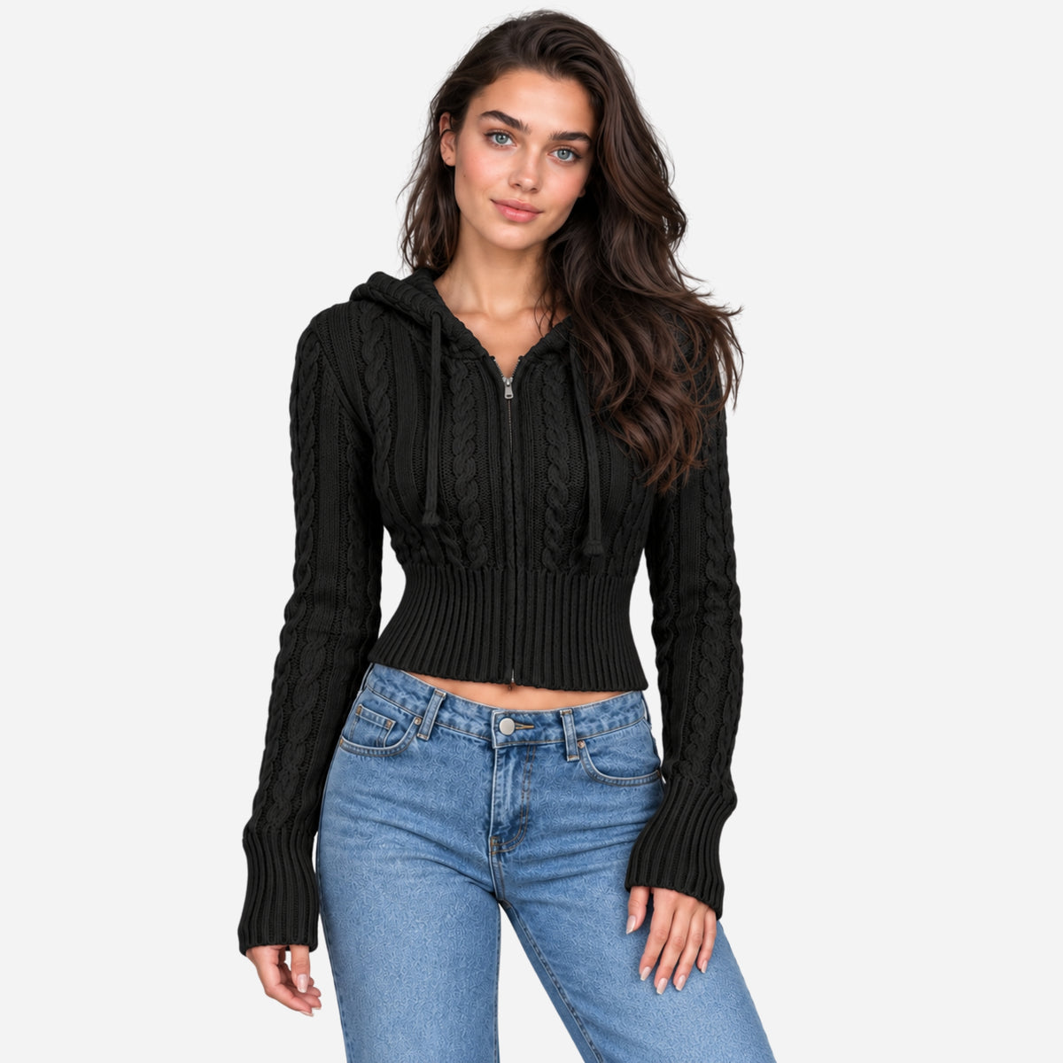 Women’s Hooded Cable Knit Zip-Up Jumper-Fowsa