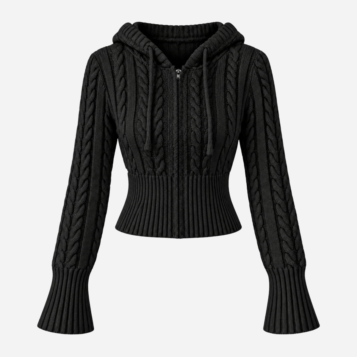 Women’s Hooded Cable Knit Zip-Up Jumper-Fowsa