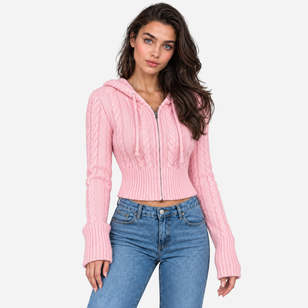 Women’s Hooded Cable Knit Zip-Up Jumper-Fowsa