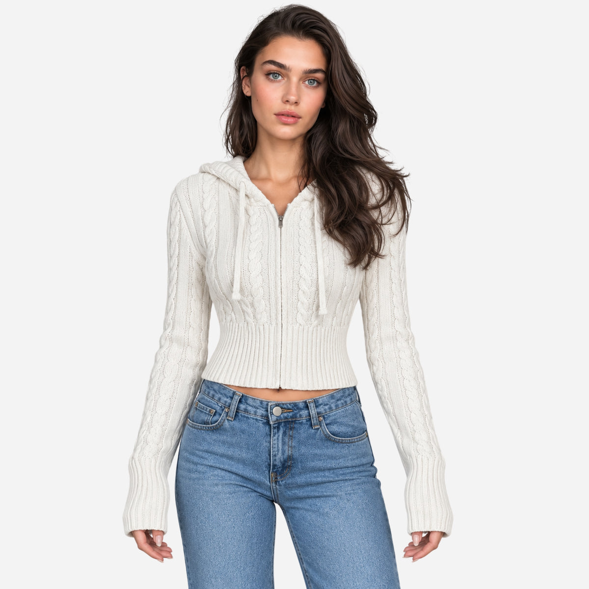 Women’s Hooded Cable Knit Zip-Up Jumper-Fowsa