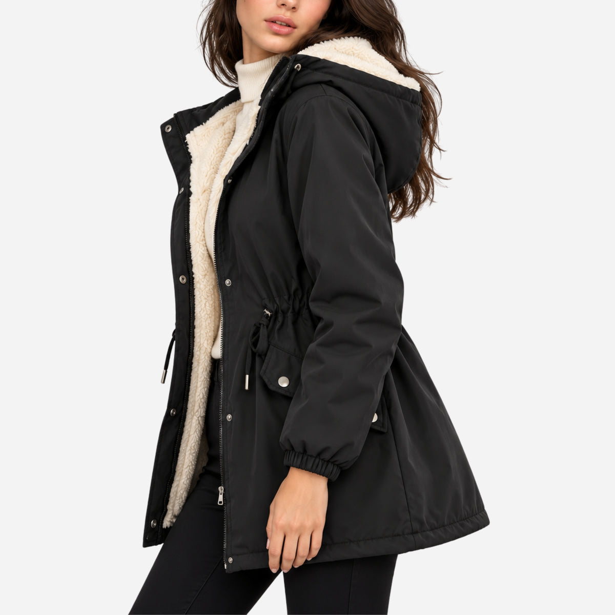 Women's Hooded Drawstring Fleece Jacket-Fowsa