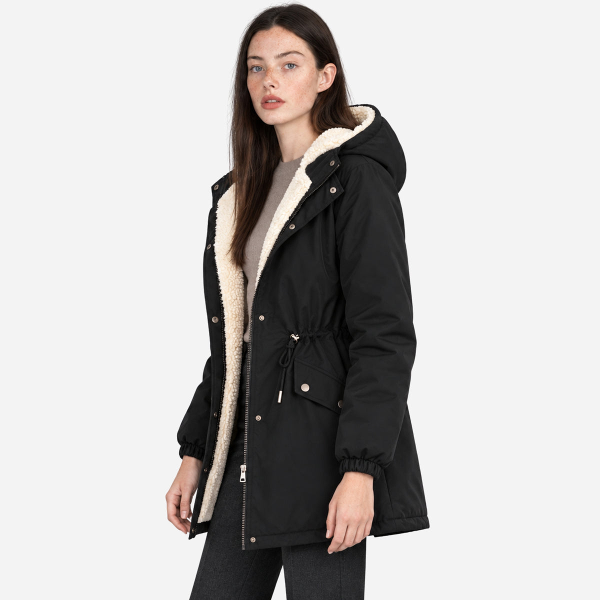 Women’s Hooded Fleece-Lined Cinched-Waist Parka Jacket-Fowsa