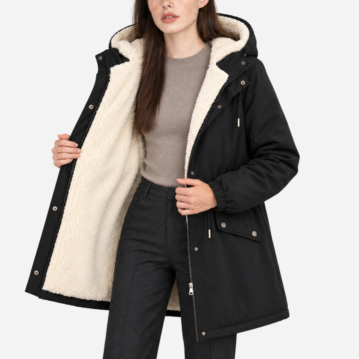 Women’s Hooded Fleece-Lined Cinched-Waist Parka Jacket-Fowsa