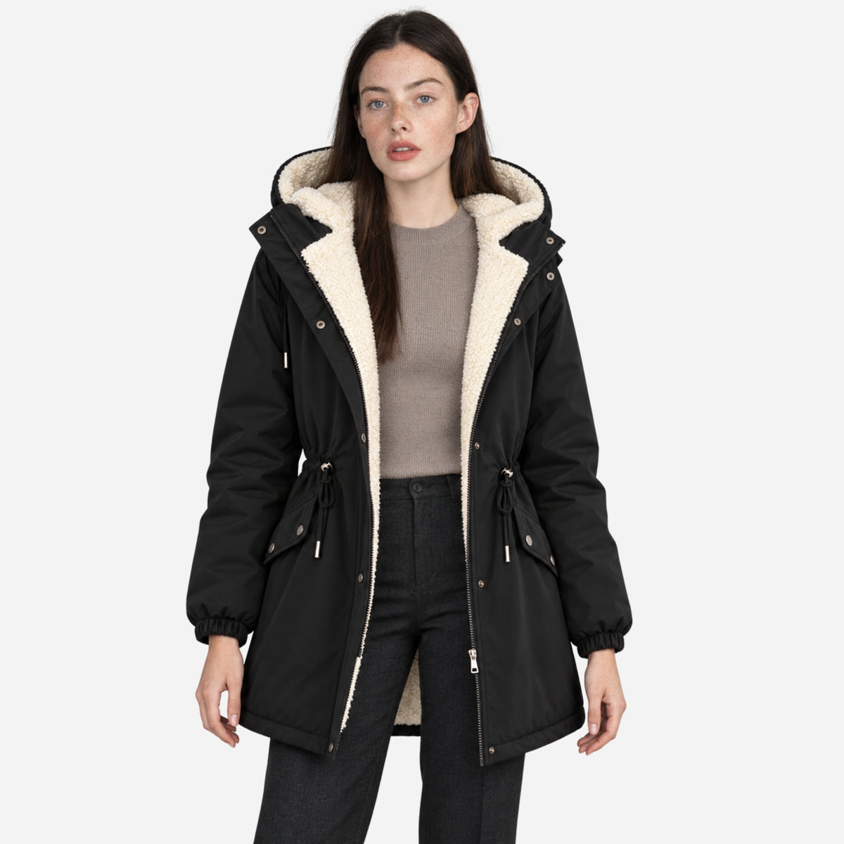 Women’s Hooded Fleece-Lined Cinched-Waist Parka Jacket-Fowsa