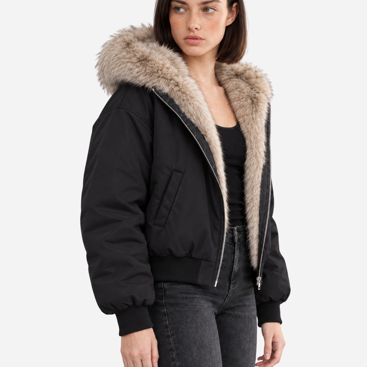 Women’s Hooded Fur-Lined Bomber Jacket-Fowsa
