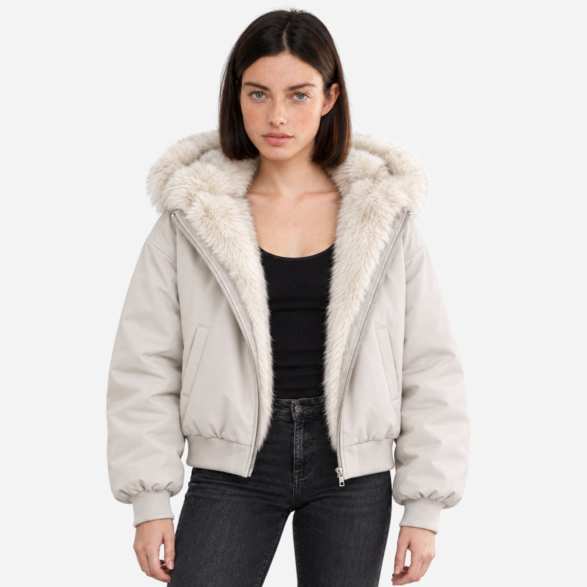Women’s Hooded Fur-Lined Bomber Jacket-Fowsa