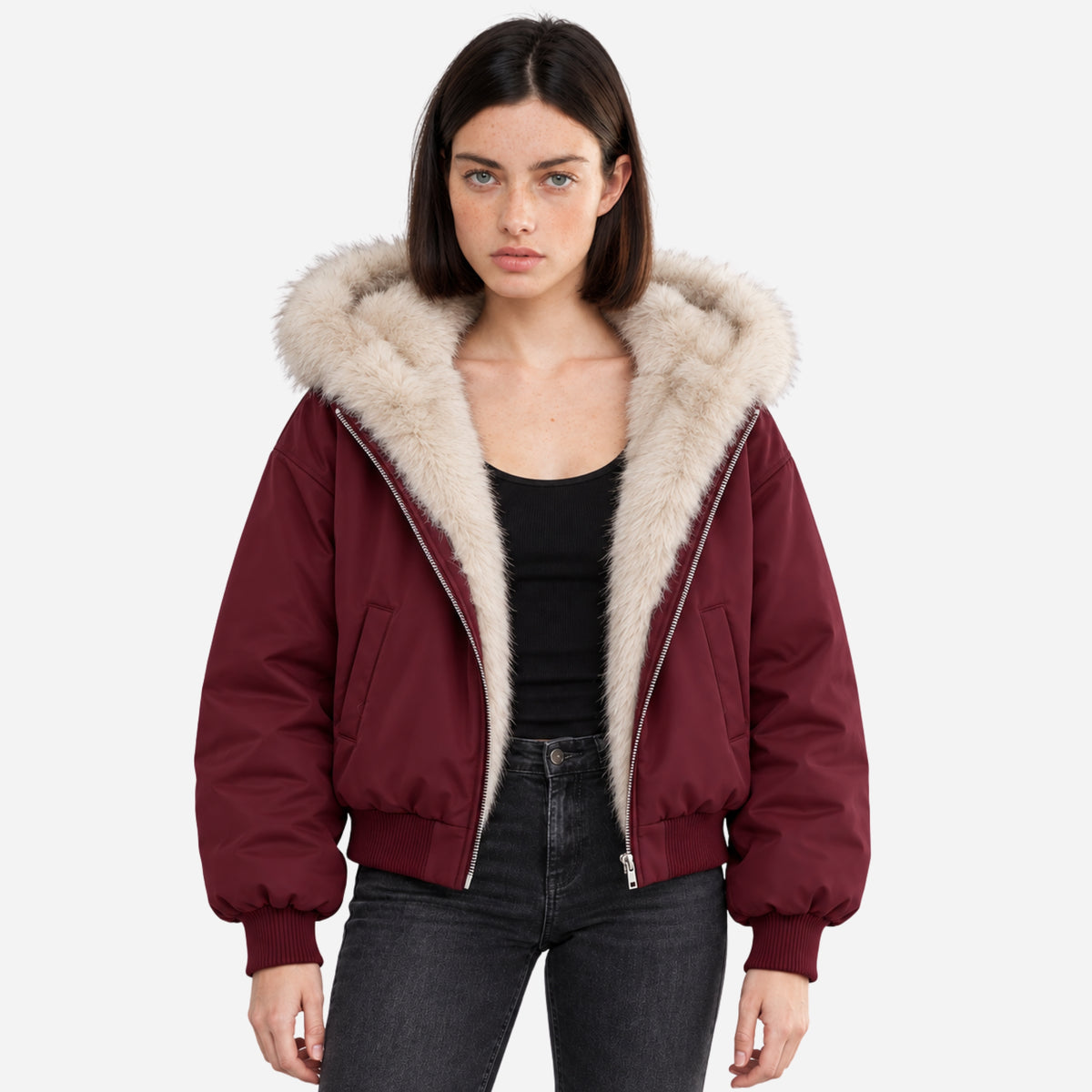 Women’s Hooded Fur-Lined Bomber Jacket-Fowsa
