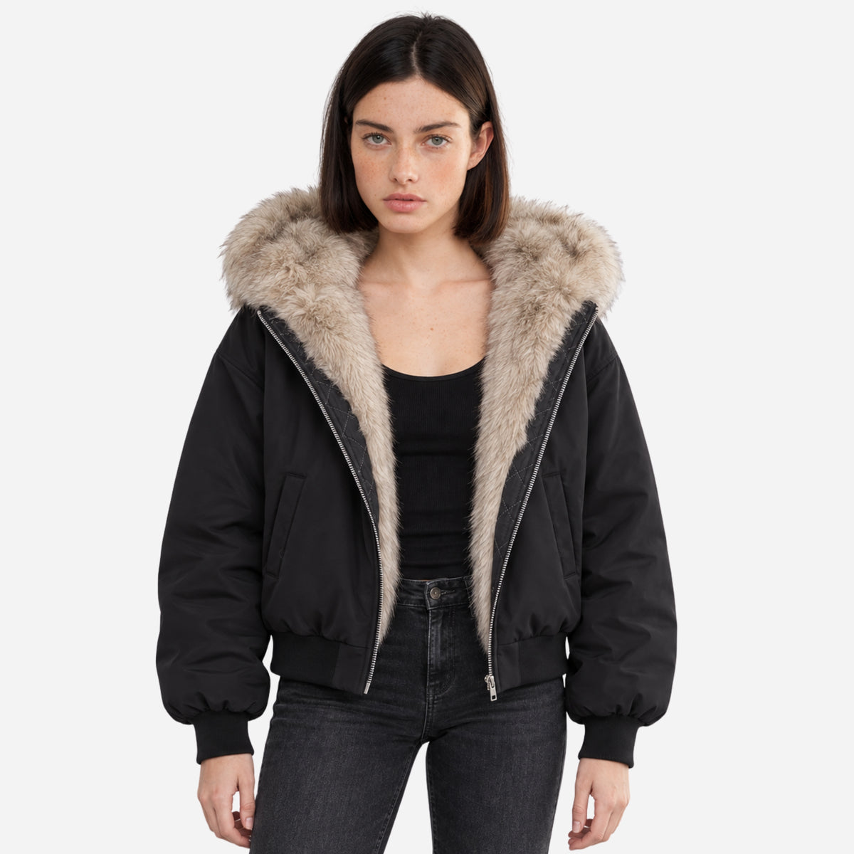 Women’s Hooded Fur-Lined Bomber Jacket-Fowsa