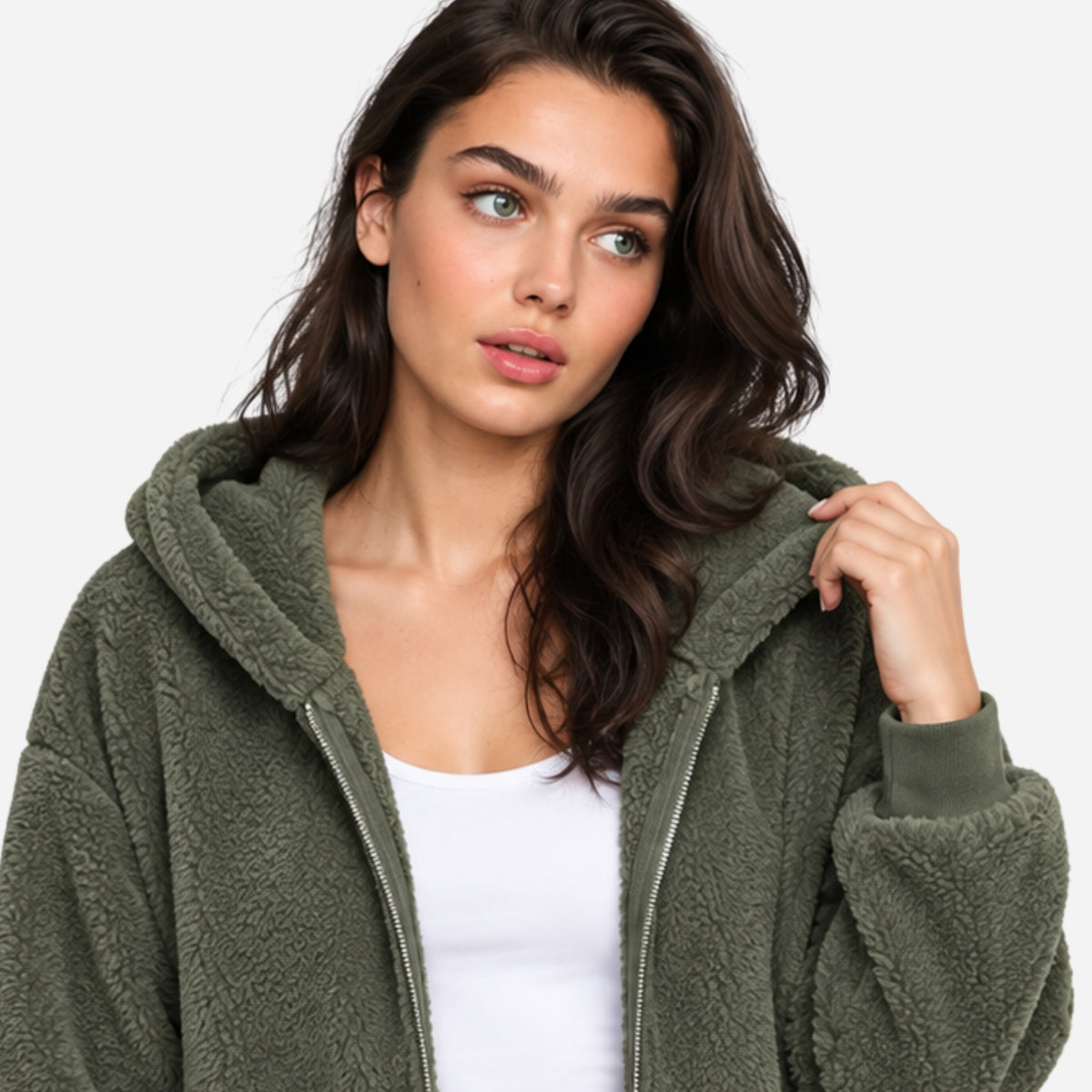 Women’s Hooded Zip Front Teddy Coat-Fowsa