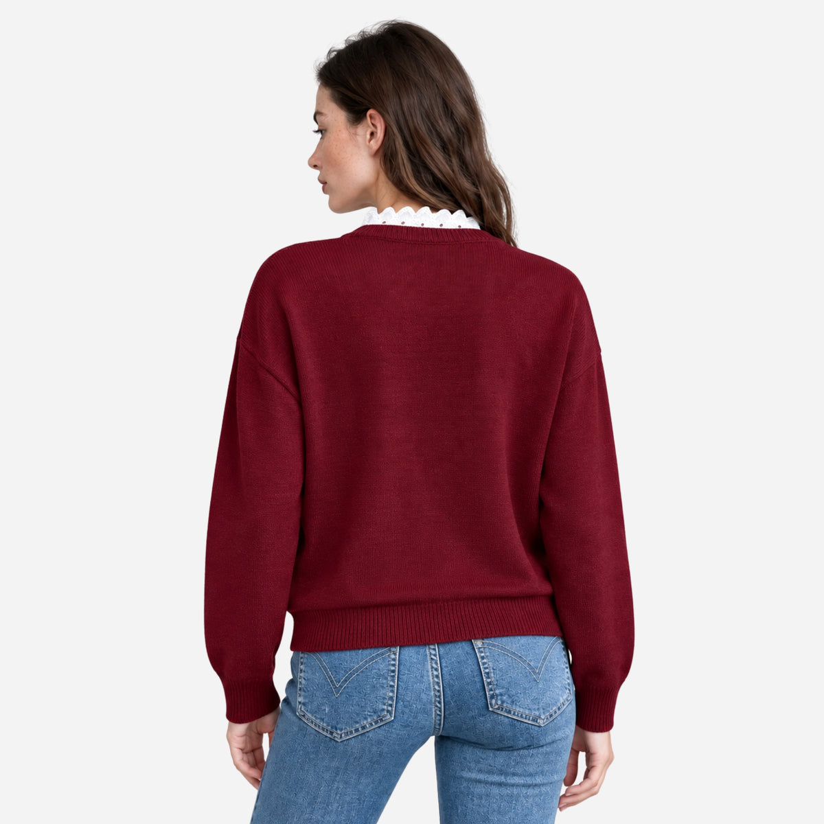 Women’s Lace-Trim V-Neck Knitted Jumper-Fowsa