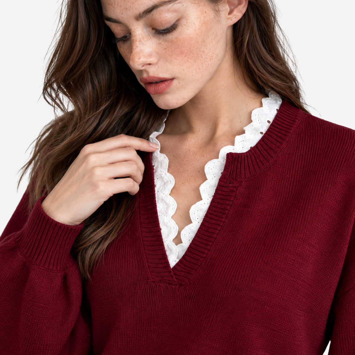 Women’s Lace-Trim V-Neck Knitted Jumper-Fowsa