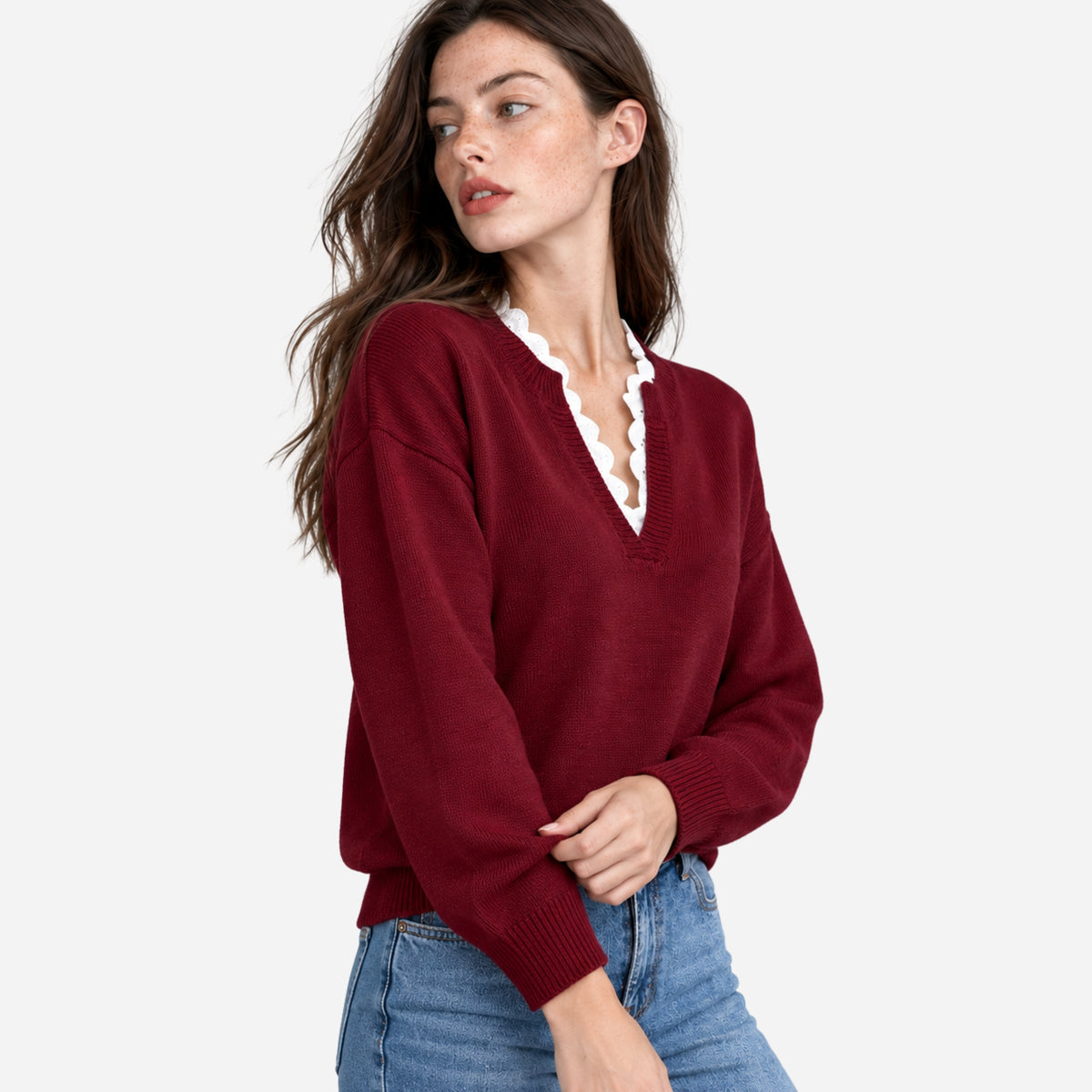 Women’s Lace-Trim V-Neck Knitted Jumper-Fowsa