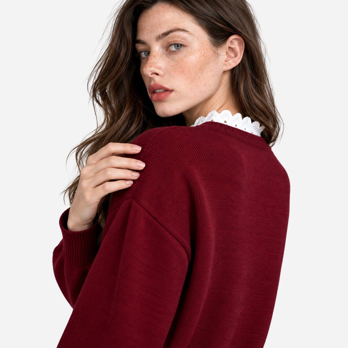 Women’s Lace-Trim V-Neck Knitted Jumper-Fowsa