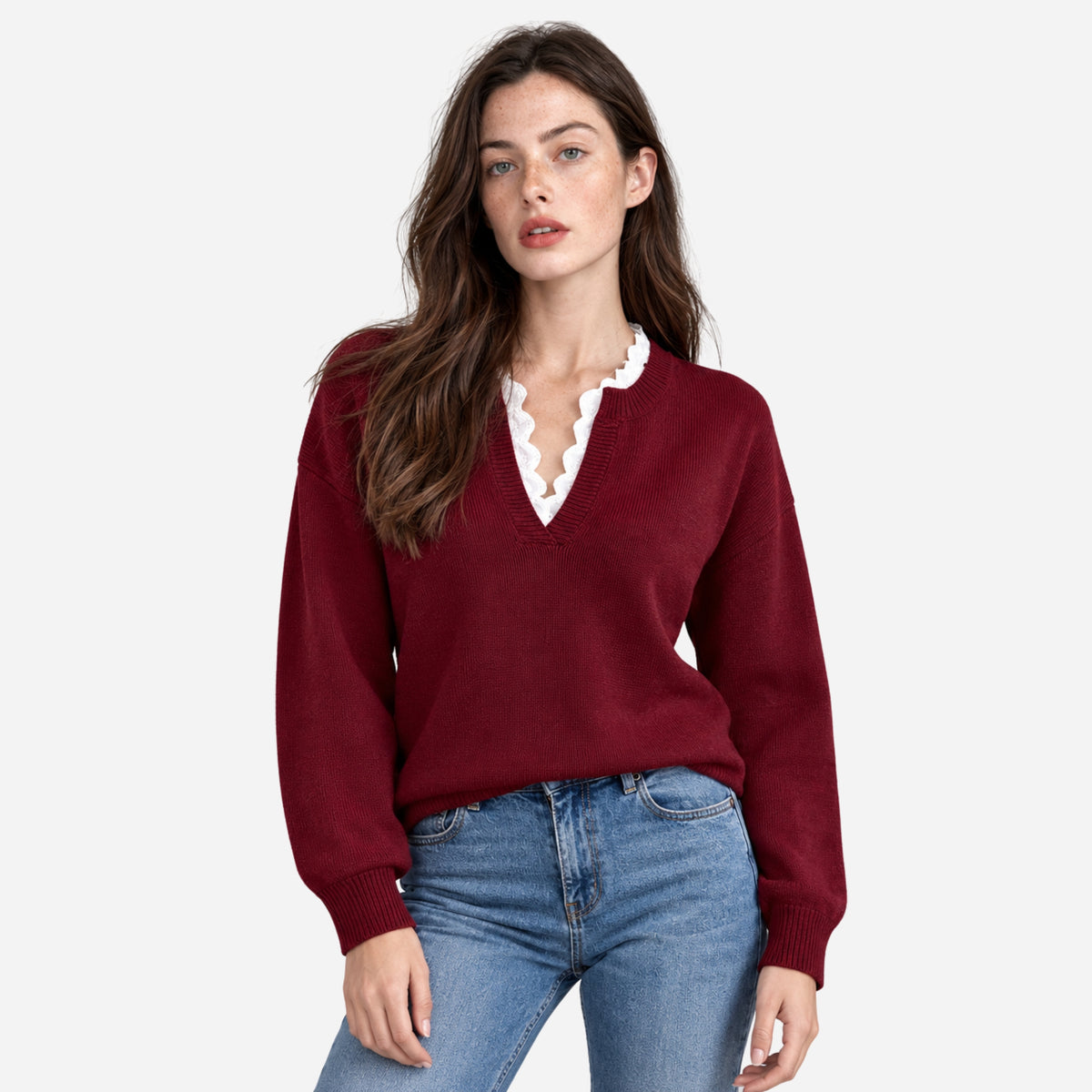 Women’s Lace-Trim V-Neck Knitted Jumper-Fowsa
