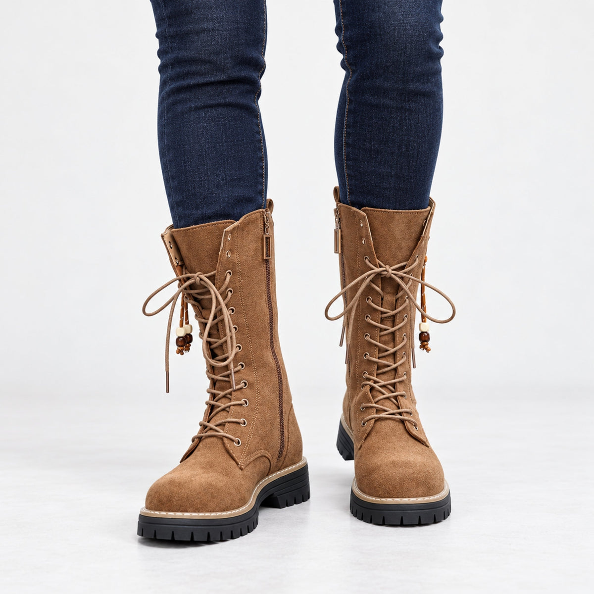 Women's Lace-Up Side-Zip Mid-Calf Boots-Fowsa
