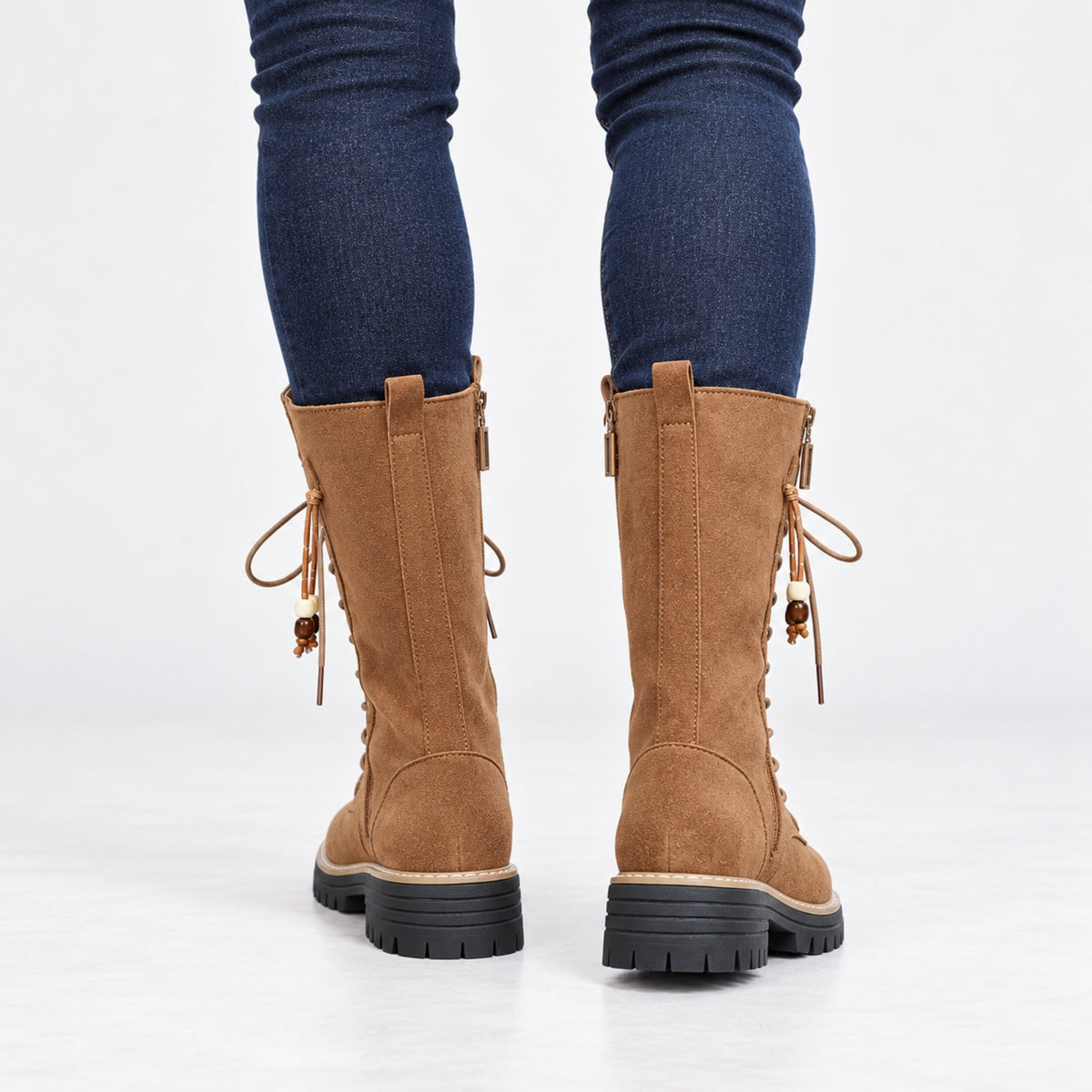 Women's Lace-Up Side-Zip Mid-Calf Boots-Fowsa