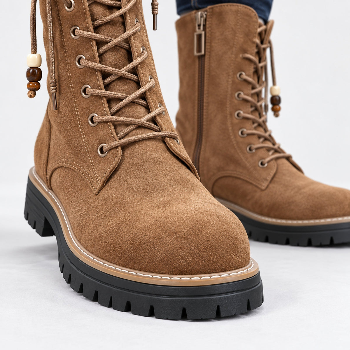 Women's Lace-Up Side-Zip Mid-Calf Boots-Fowsa