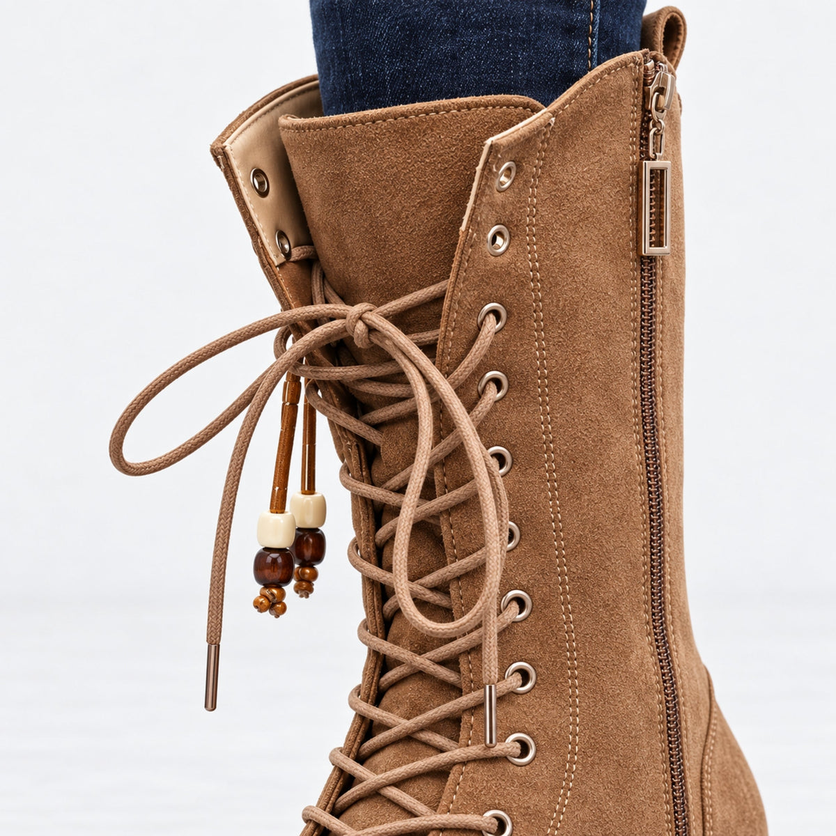 Women's Lace-Up Side-Zip Mid-Calf Boots-Fowsa