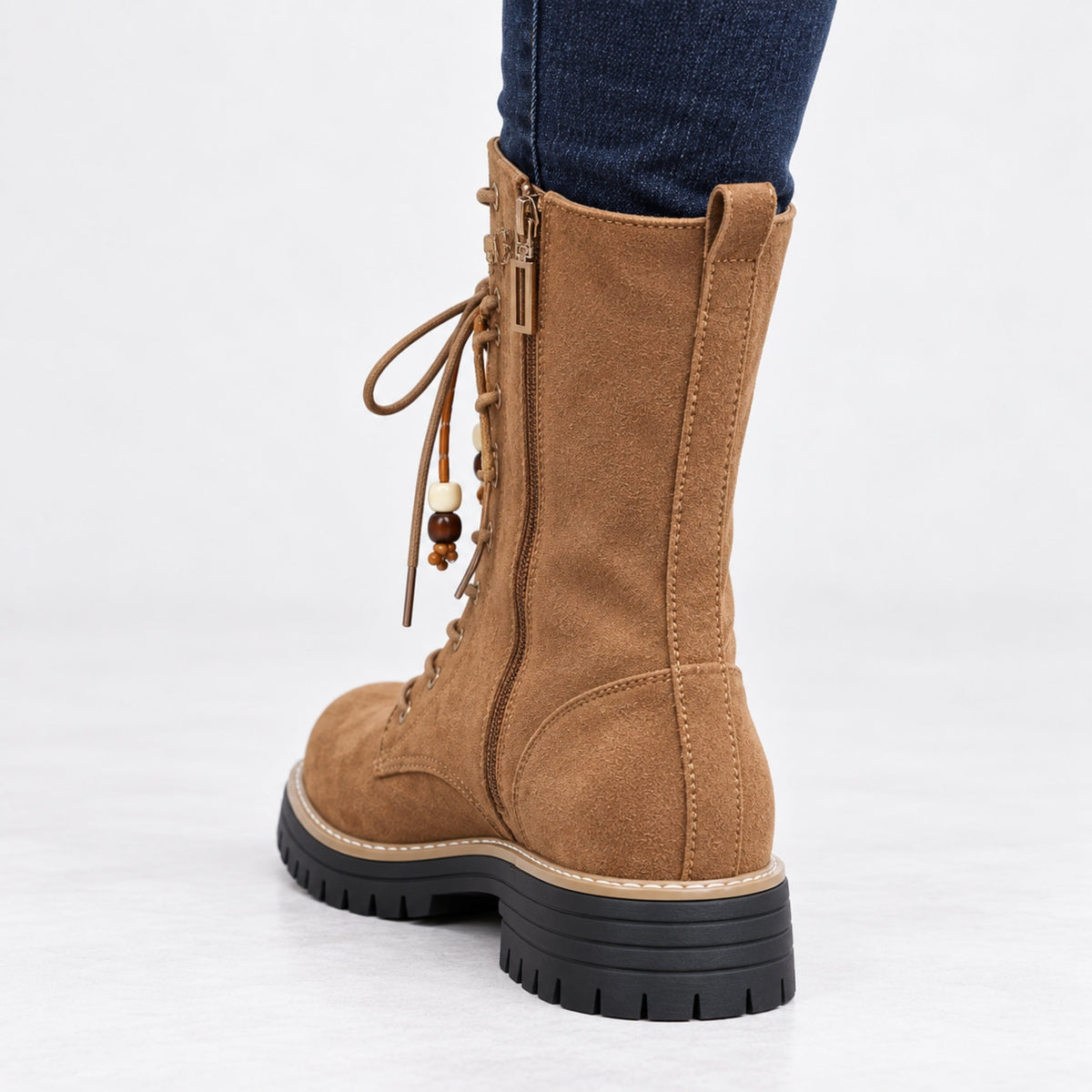 Women's Lace-Up Side-Zip Mid-Calf Boots-Fowsa