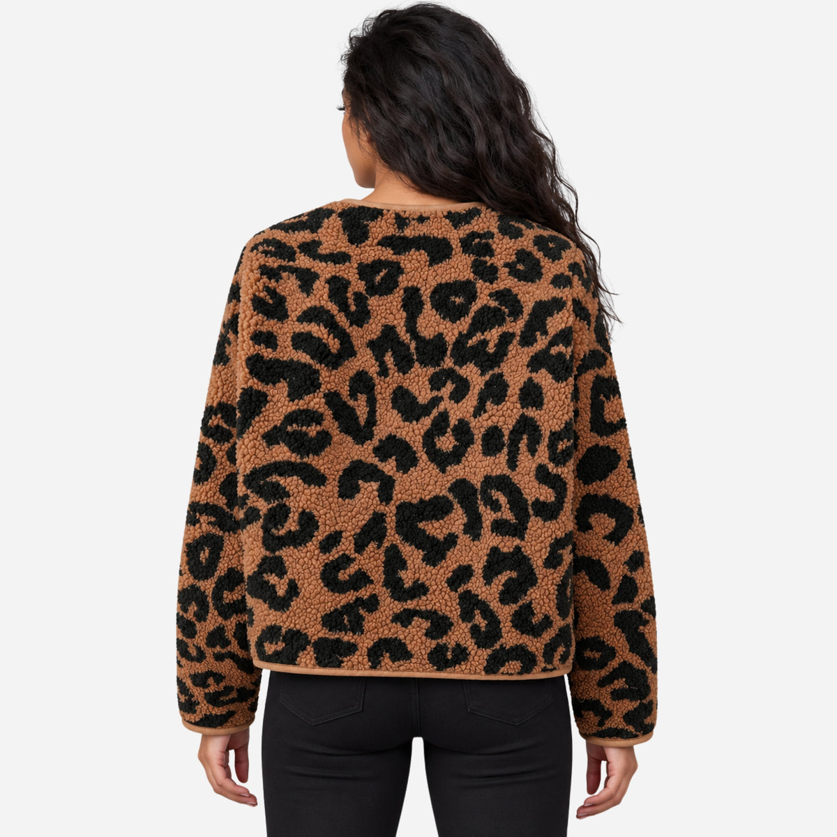 Women’s Leopard-Print Collarless Fleece Jacket-Fowsa